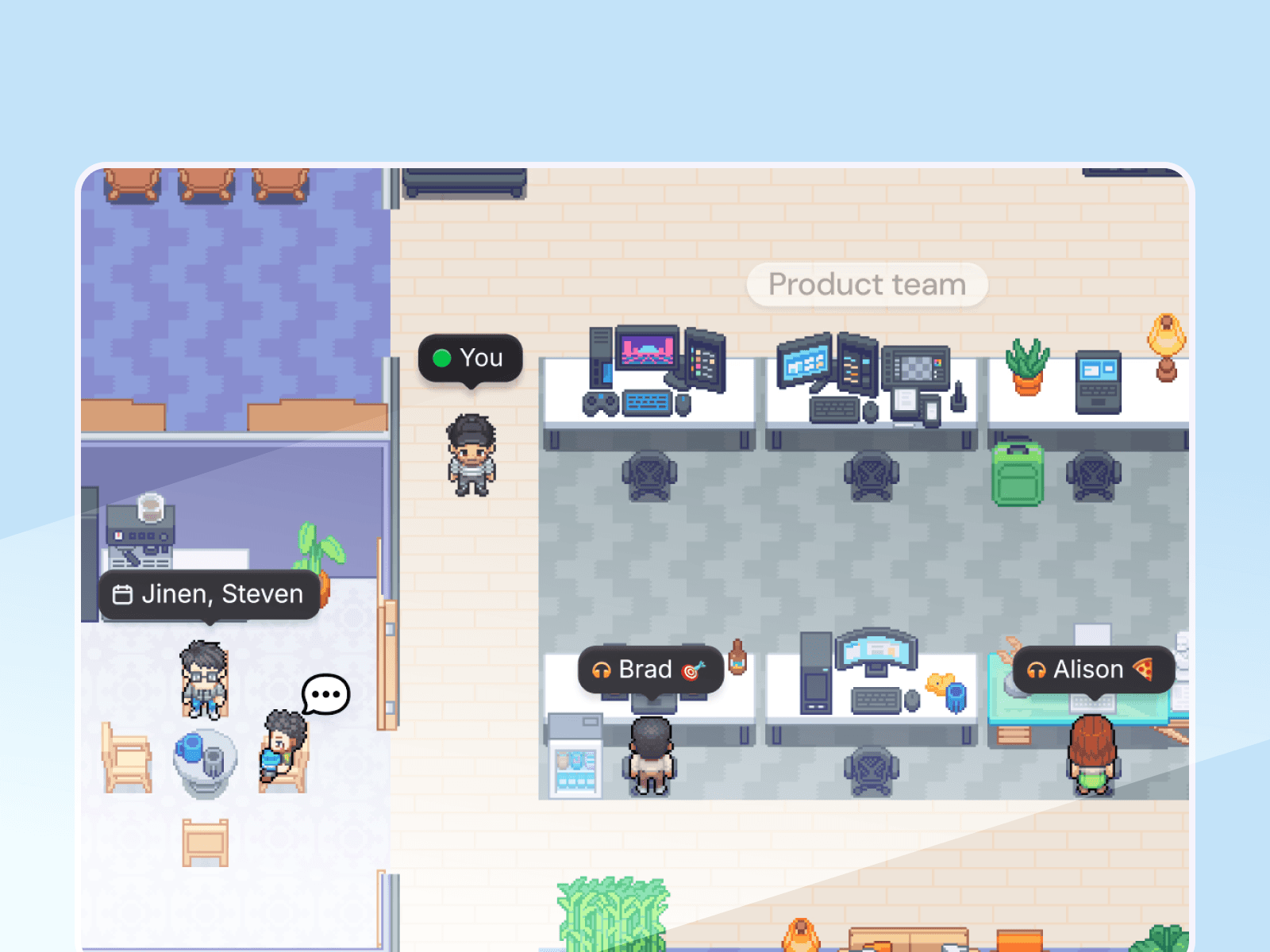 A pixel-art virtual office with teammates working in Gather